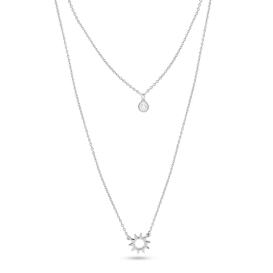 Rhodium Plated 925 Sterling Silver Double Chain Open Sun Smiley Necklace - GMN00201 SPI