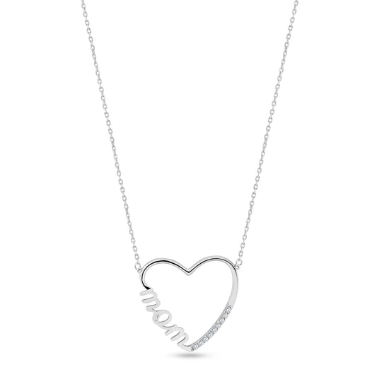 Rhodium Plated 925 Sterling Silver Clear CZ Open Heart MOM Necklace - GMN00207 SPI