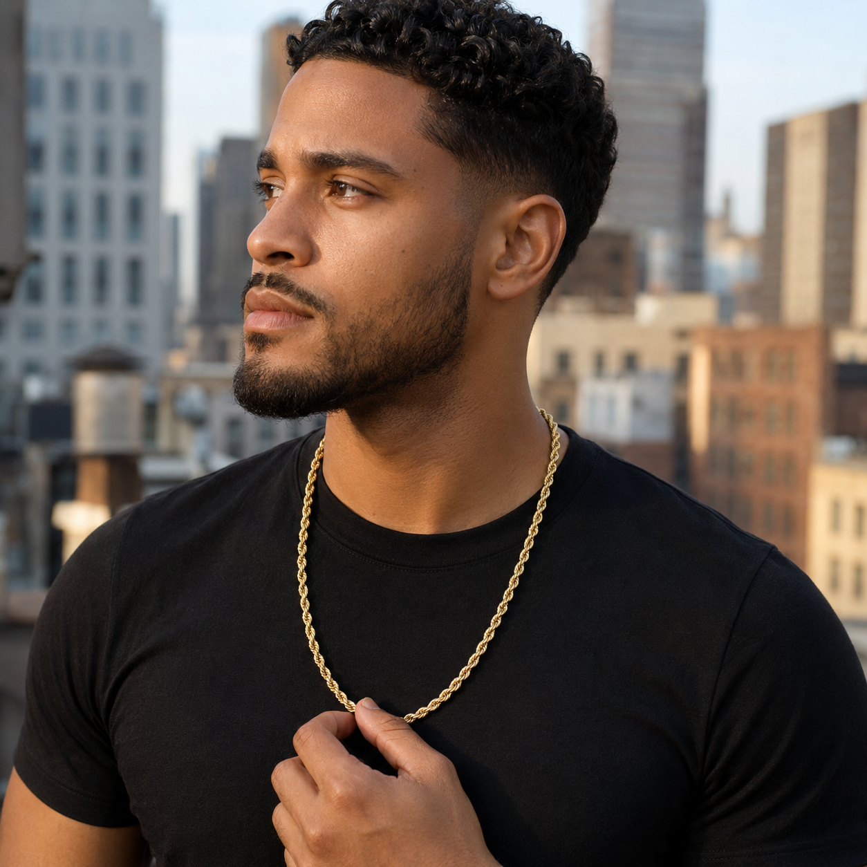 A man wearing a thick gold chain necklace over a black t-shirt, standing on a rooftop with a blurred city skyline in the background.