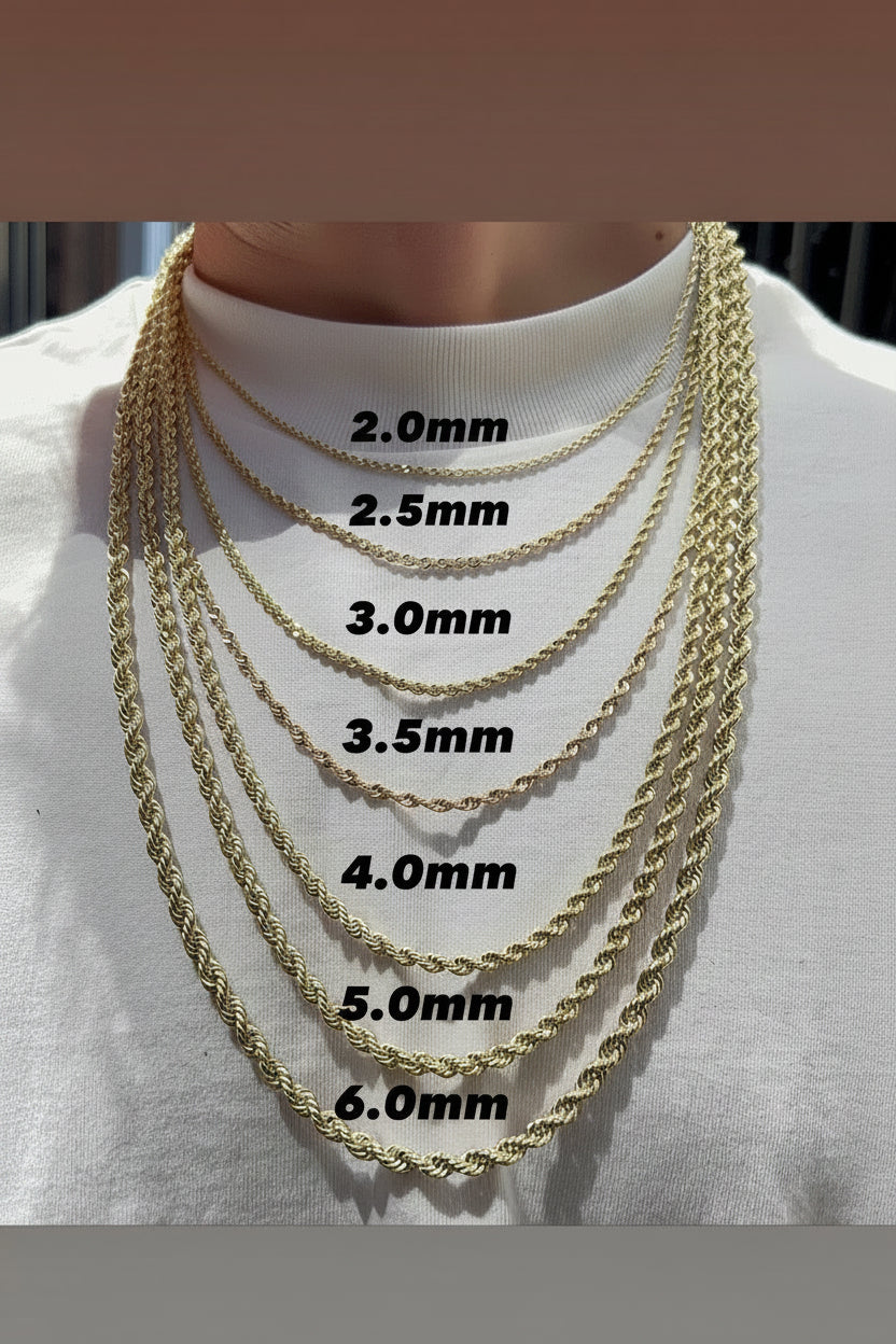 14K Hollow Gold Rope Chain — Italian Yellow Gold