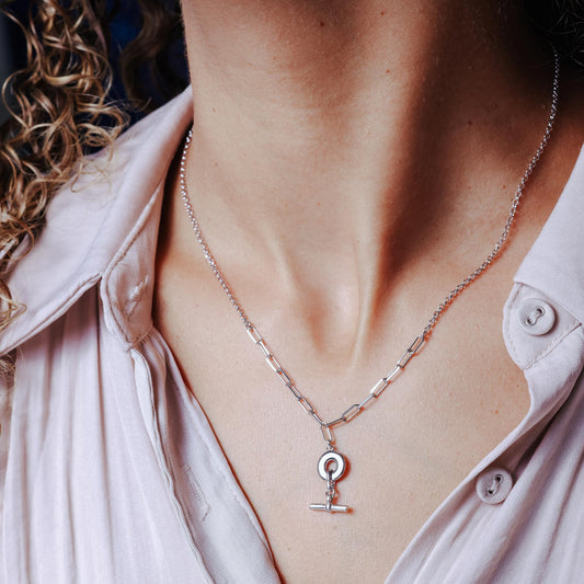 Rhodium Plated 925 Sterling Silver Paperclip Rolo Adjustable Donut and Bar Necklace - ITN00162-RH SPI