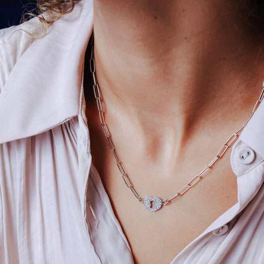 Rhodium Plated 925 Sterling Silver Paperclip Adjustable Clear CZ Heart Lock Necklace - ITN00163-RH SPI