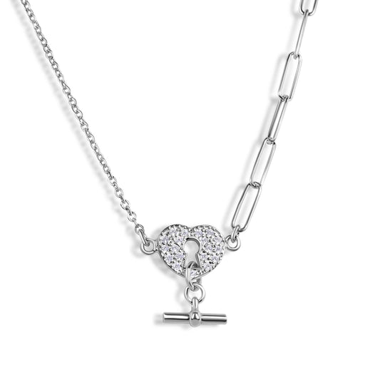 Rhodium Plated 925 Sterling Silver Paperclip Rolo Chains Heart Center Necklace - ITN00164-RH SPI