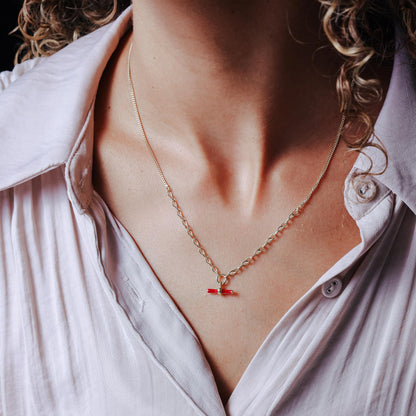 Gold Plated 925 Sterling Silver Curb Rolo Adjustable Enamel Red Bar Necklace - ITN00168-GP SPI