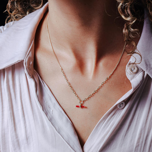 Gold Plated 925 Sterling Silver Curb Rolo Adjustable Enamel Red Bar Necklace - ITN00168-GP SPI