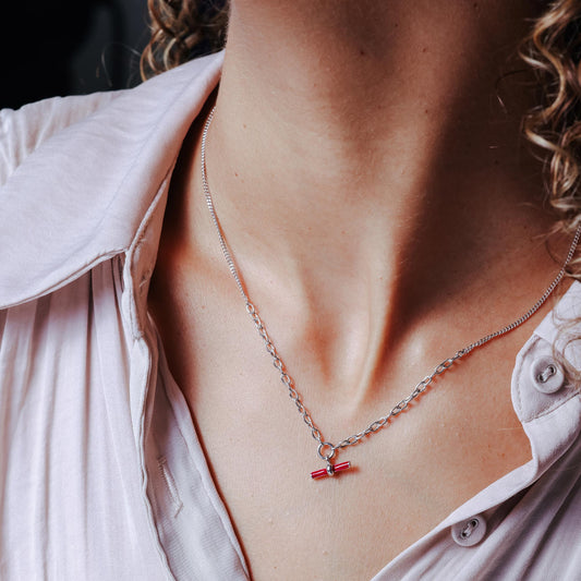 Rhodium Plated 925 Sterling Silver Curb Rolo Adjustable Enamel Red Bar Necklace - ITN00168-RH SPI