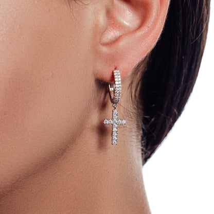 Sterling Rhodium Plated 925 Sterling Silver Moissanite Cross Hoop Earring - MGME00037 SPI