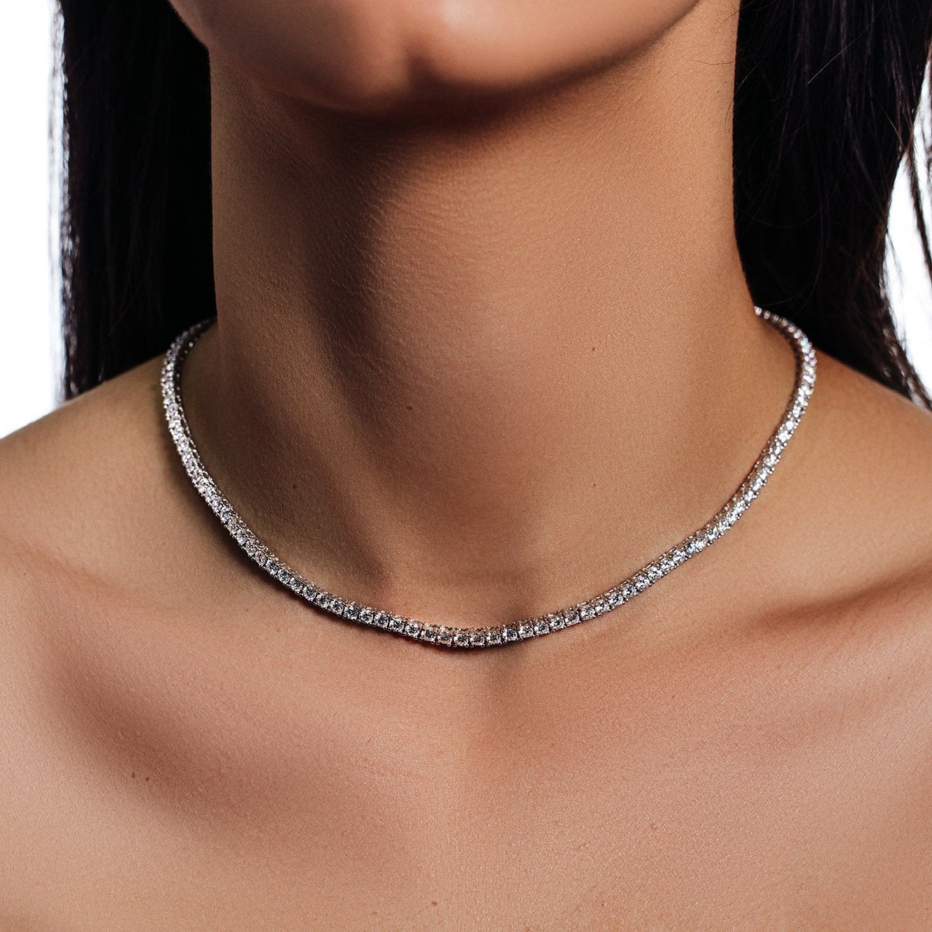 Rhodium Plated 925 Sterling Silver Moissanite Stone 3mm Tennis Necklace - MGMN00016 SPI