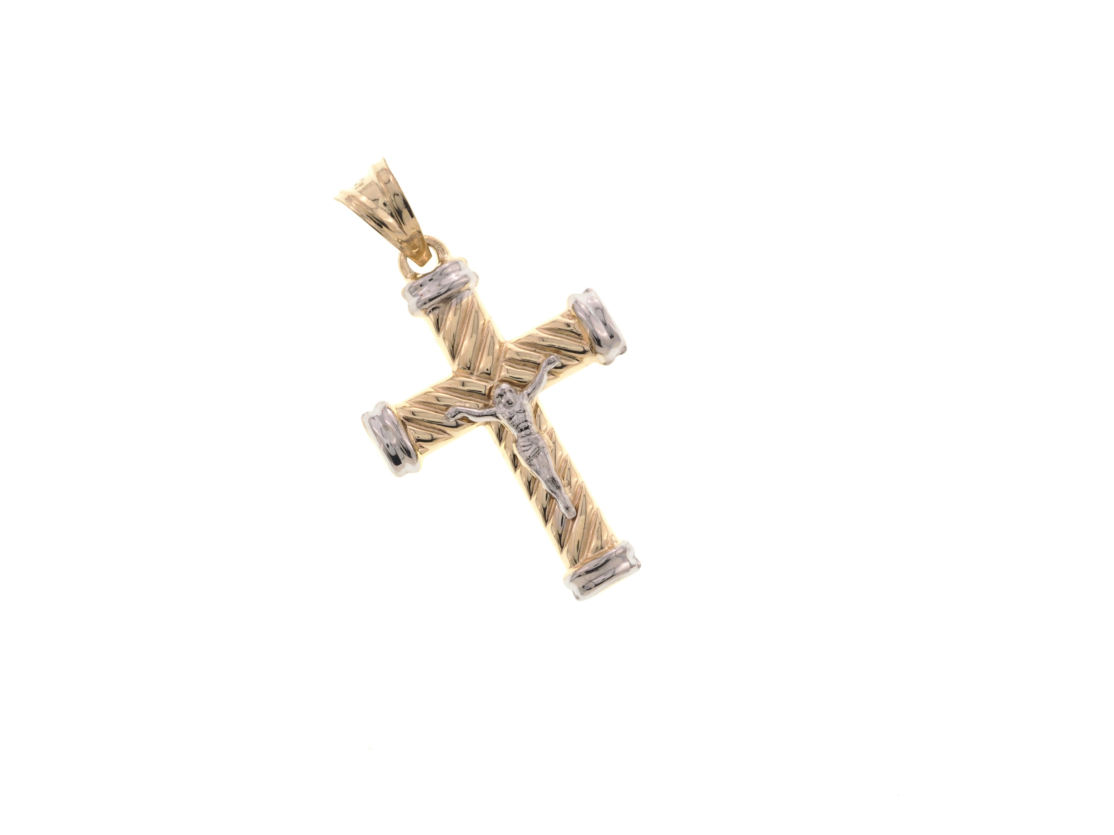 A two-tone cross pendant featuring a textured yellow gold and white gold design, with a detailed silver-toned figure at the center, set against a plain white background.