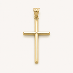 A polished yellow gold cross pendant with a smooth, rounded design and a decorative bail, shown against a clean off-white background.