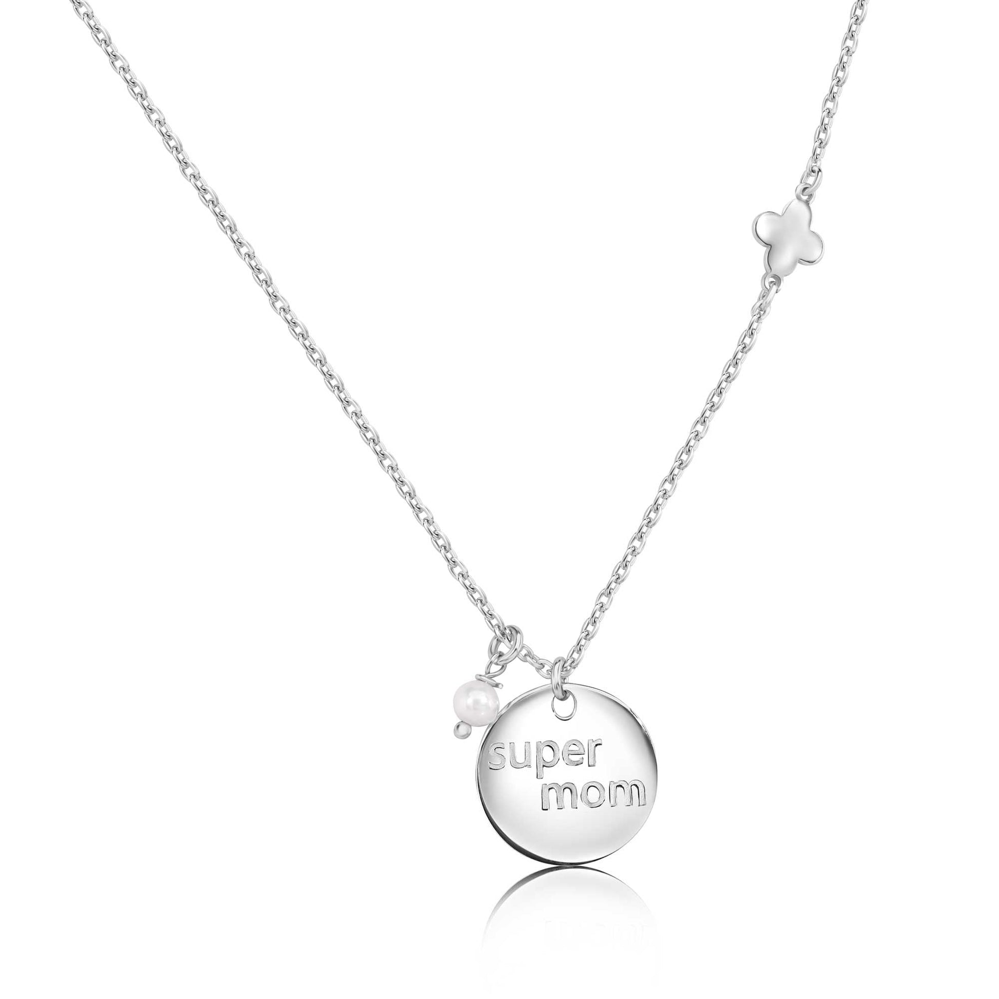 Rhodium Plated 925 Sterling Silver Super Mom Four Leaf Clover and Pearl Necklace Pendant - SOP00179 SPI