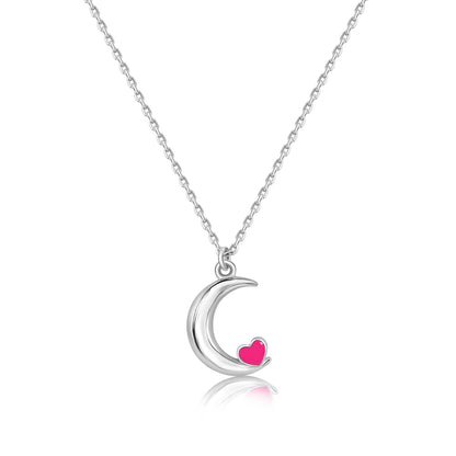 Rhodium Plated 925 Sterling Silver Moon Pink Heart Enamel Necklace Pendant - SOP00180 SPI