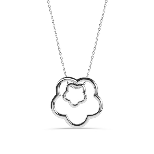 Rhodium Plated 925 Sterling Silver Abstract Two Daisy Flower  Pendant Adjustable Necklace - STP00155 SPI