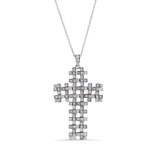 Rhodium Plated 925 Sterling Silver Weave Cross Clear CZ Pendant Adjustable Necklace - STP00305 SPI