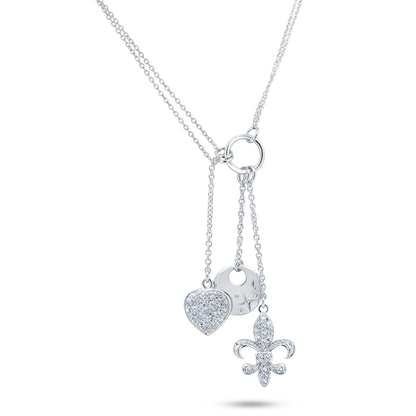 Clearance-Rhodium Plated 925 Sterling Silver Clear CZ Flor De Lis, Heart, Disc Charm Necklace - STP00850 SPI