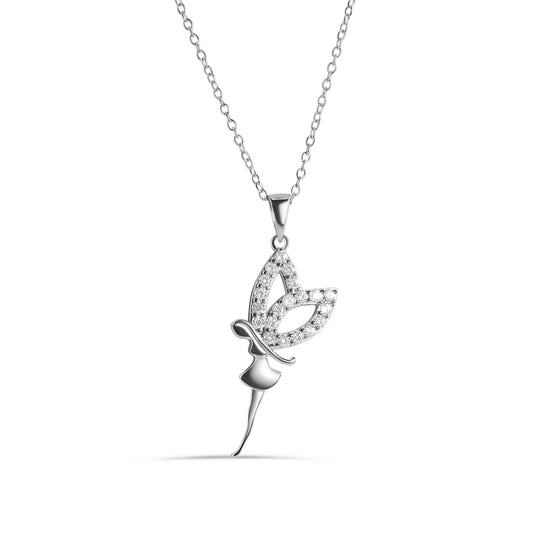 Rhodium Plated 925 Sterling Silver Fairy with Clear CZ Wings Adjustable Necklace - STP01349 Fantastic Jewelry NYC