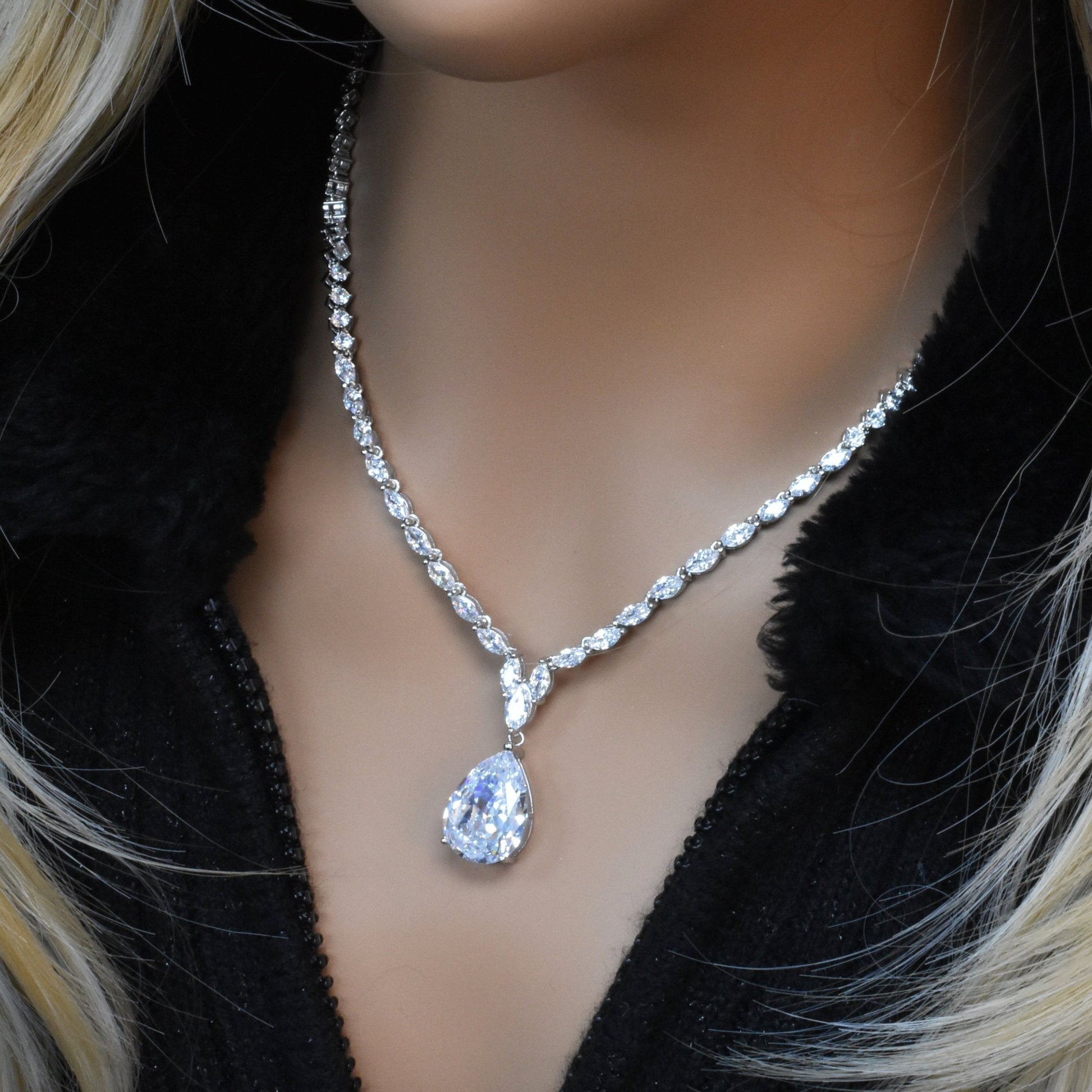 Rhodium Plated 925 Sterling Silver Teardrop Round and Oval Clear CZ Tennis Necklace - STP01837 SPI