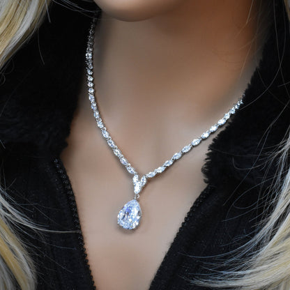 Rhodium Plated 925 Sterling Silver Teardrop Round and Oval Clear CZ Tennis Necklace - STP01837 SPI