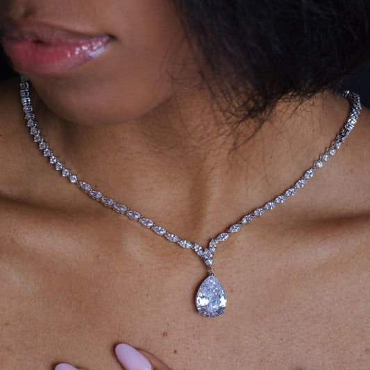 Rhodium Plated 925 Sterling Silver Teardrop Round and Oval Clear CZ Tennis Necklace - STP01837 SPI