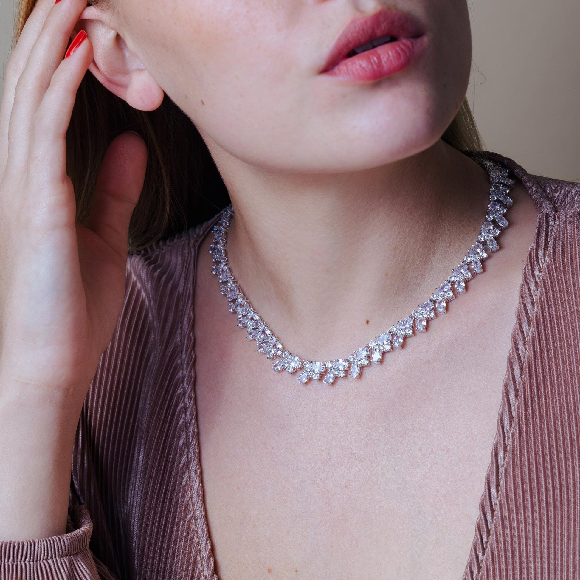 Rhodium Plated 925 Sterling Silver Multi Shape Clear CZ Tennis Necklace - STP01838 SPI