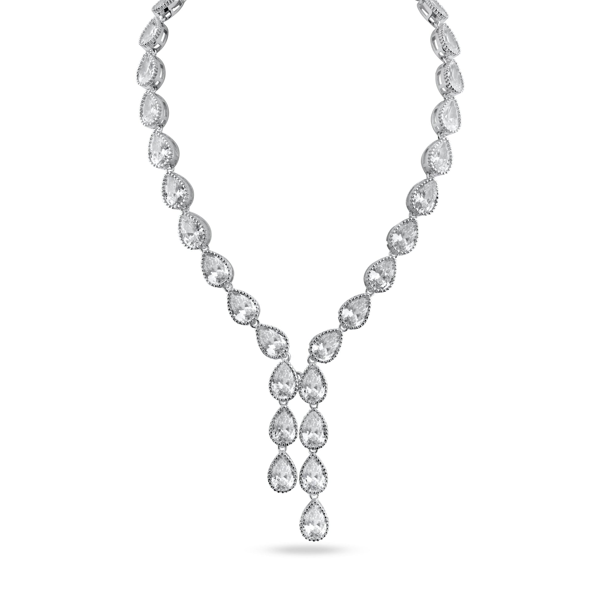 Rhodium Plated 925 Sterling Silver Teardrop Dangling Pendant Clear CZ Tennis Necklace - STP01839 SPI