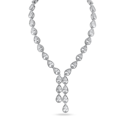 Rhodium Plated 925 Sterling Silver Teardrop Dangling Pendant Clear CZ Tennis Necklace - STP01839 SPI