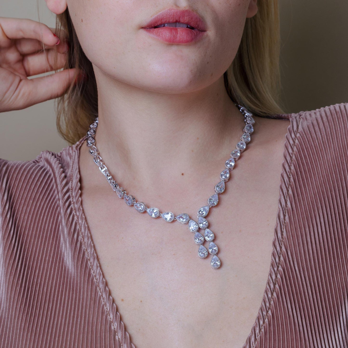 Rhodium Plated 925 Sterling Silver Teardrop Dangling Pendant Clear CZ Tennis Necklace - STP01839 SPI