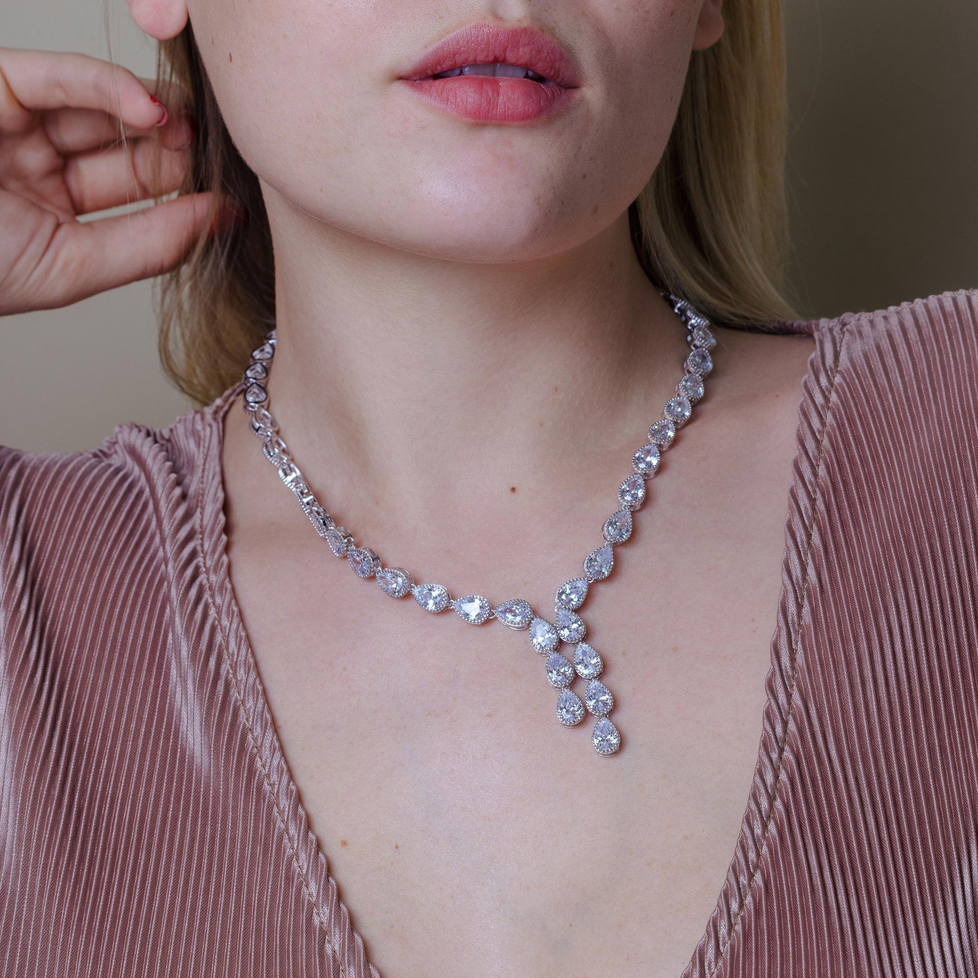 Rhodium Plated 925 Sterling Silver Teardrop Dangling Pendant Clear CZ Tennis Necklace - STP01839 SPI