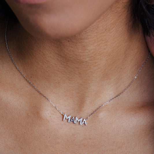 Rhodium Plated 925 Sterling Silver MAMA CZ Necklace - STP01842 SPI