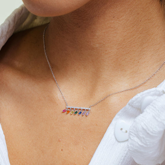 Rhodium Plated 925 Sterling Silver Multi Color Dangling CZ Necklace - STP01848 SPI