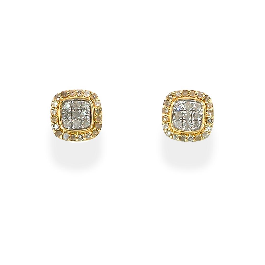 Round Diamond Square Frame  Stud Earrings in 10K Gold Fantastic Jewelry NYC