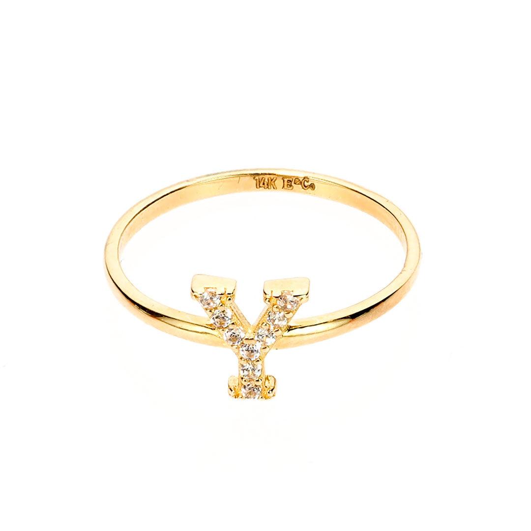 Bling Initial Letter 'Y' Ring 14K Gold CZ