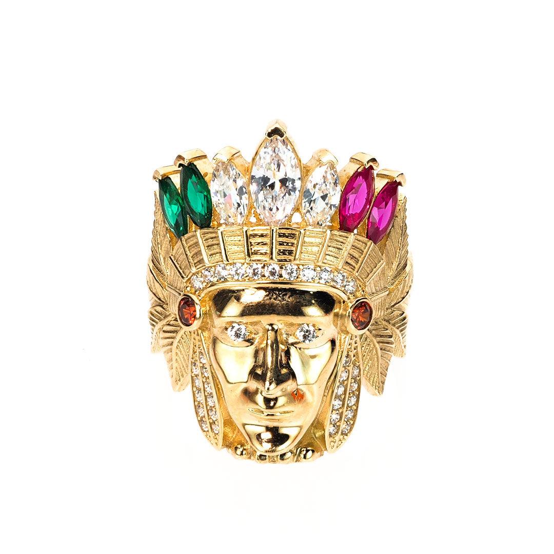 Mens Native American chief head ring with multicolor stones | 14K Gold With Cz - Fantastic Jewelry NYC