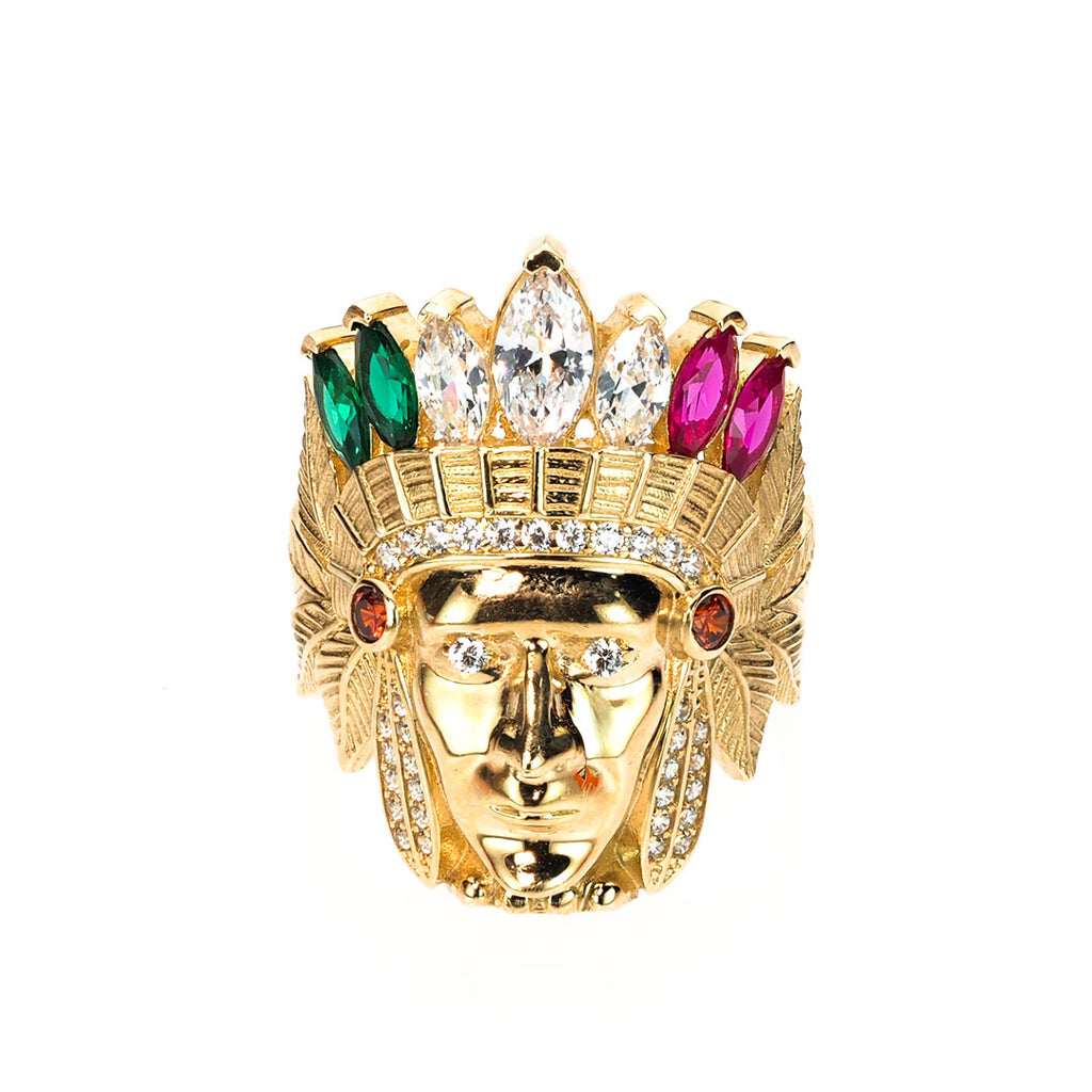 Mens Native American chief head ring with multicolor stones | 14K Gold With Cz - Fantastic Jewelry NYC