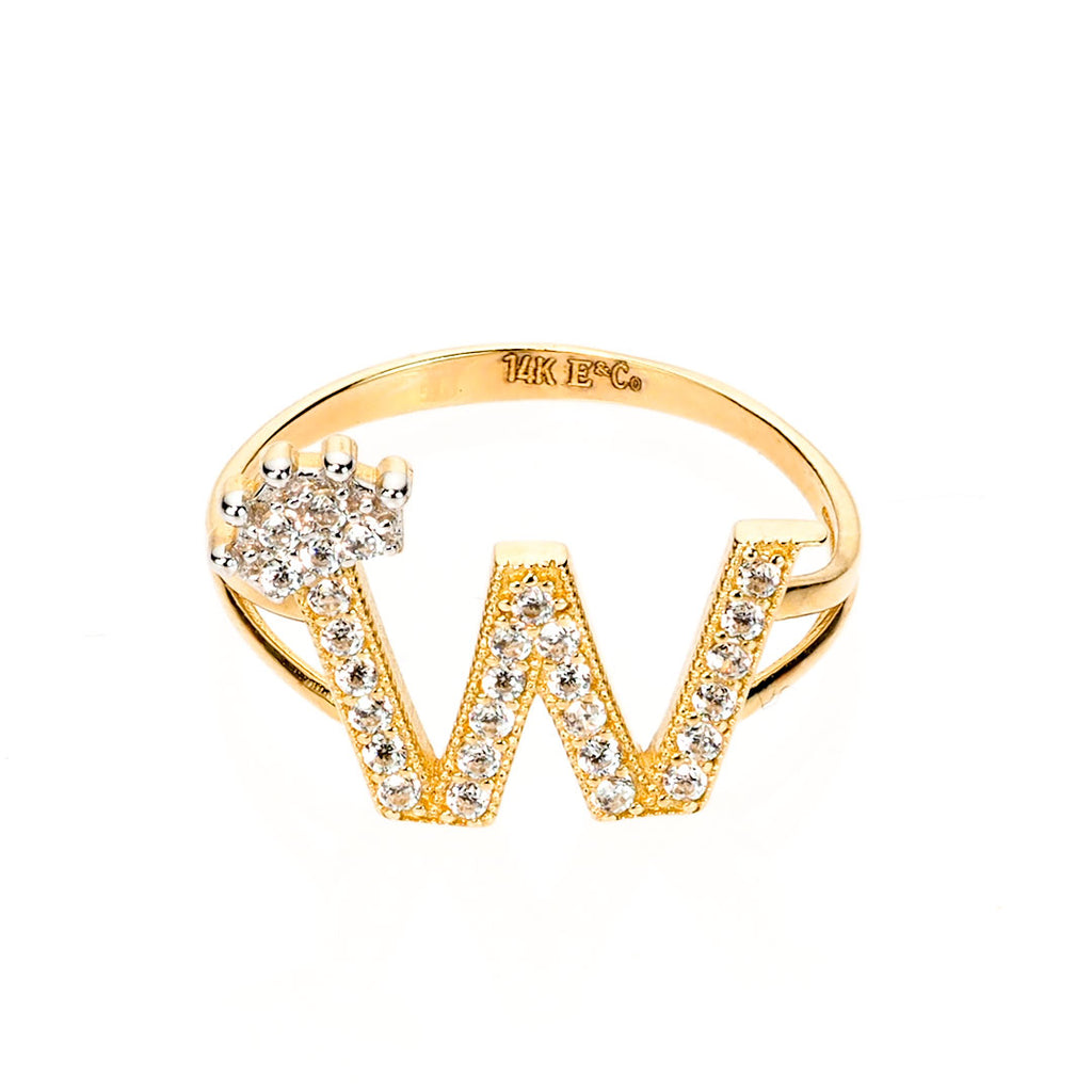 14K Gold Letter 'W' Ring with CZ Accents