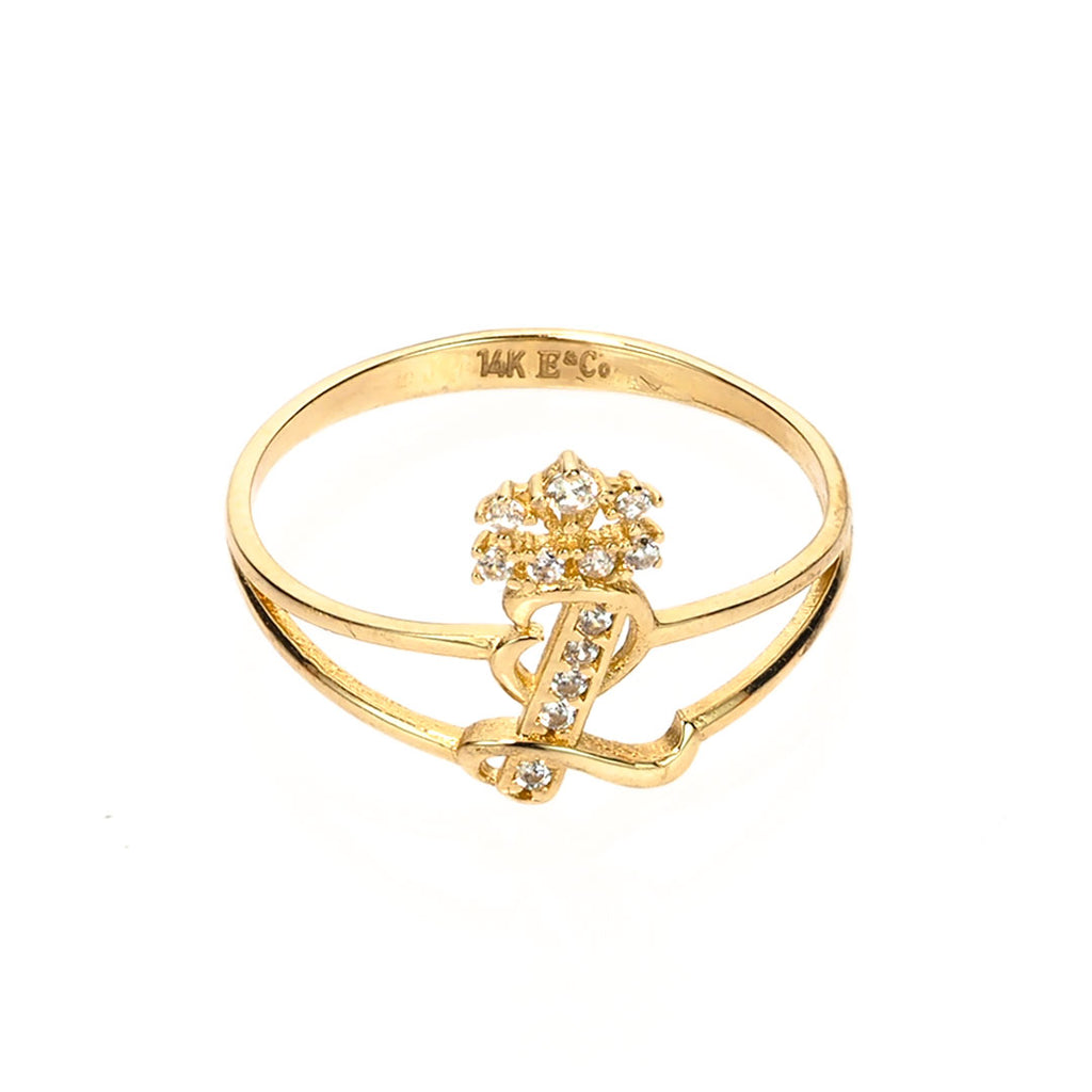 Crown Initial Letter 'I' Ring in 14K Gold with CZ