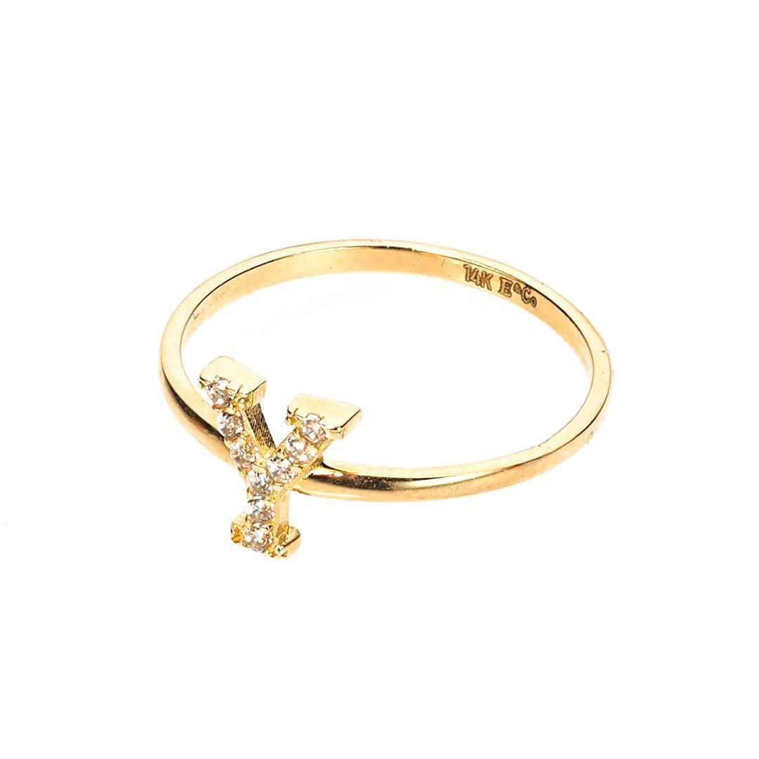 Bling Initial Letter 'Y' Ring 14K Gold CZ