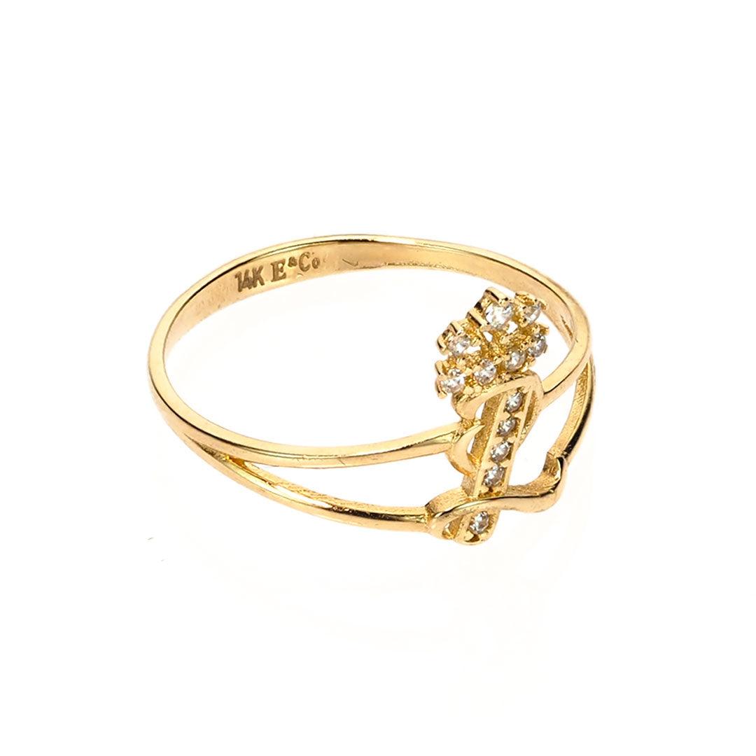 Crown Initial Letter 'I' Ring in 14K Gold with CZ