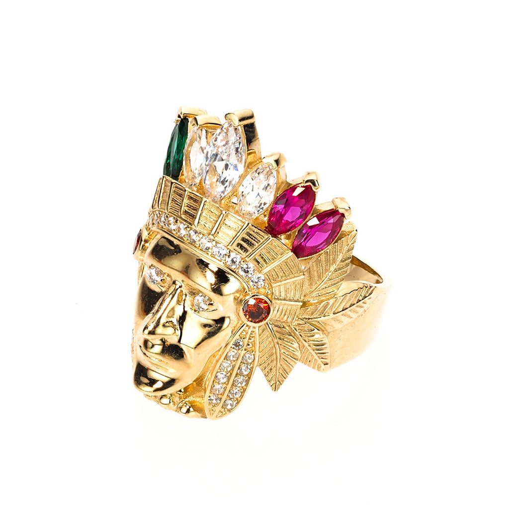 Mens Native American chief head ring with multicolor stones | 14K Gold With Cz - Fantastic Jewelry NYC