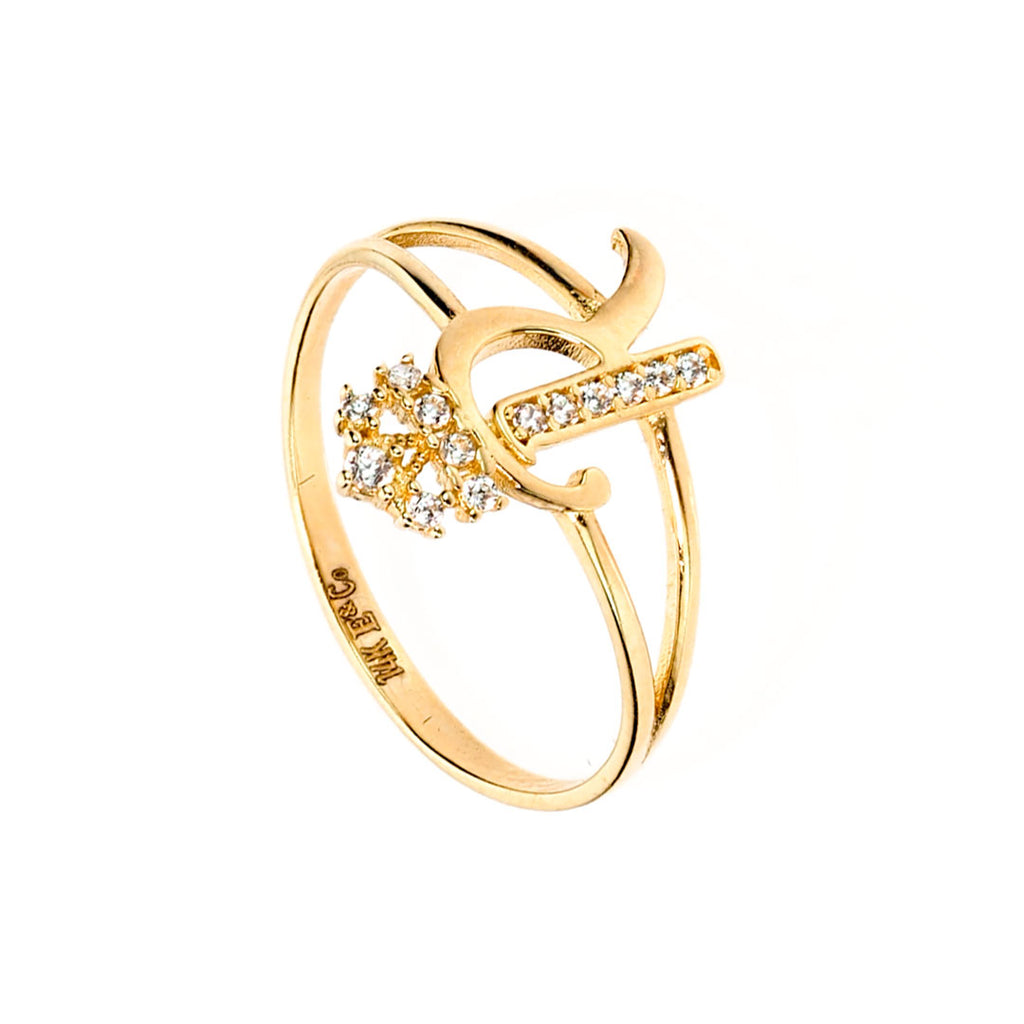 Crown Initial Letter 'R' Ring in 14K Gold with CZ