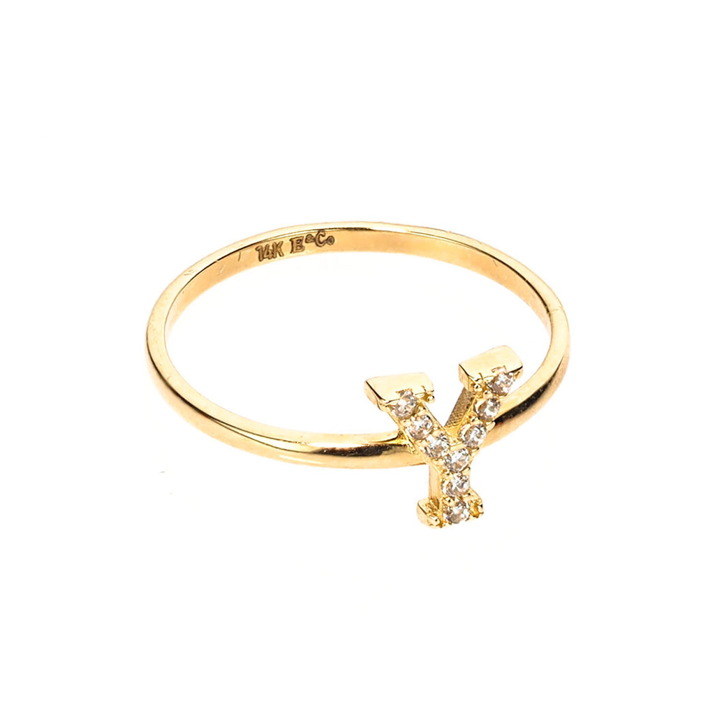 Bling Initial Letter 'Y' Ring 14K Gold CZ