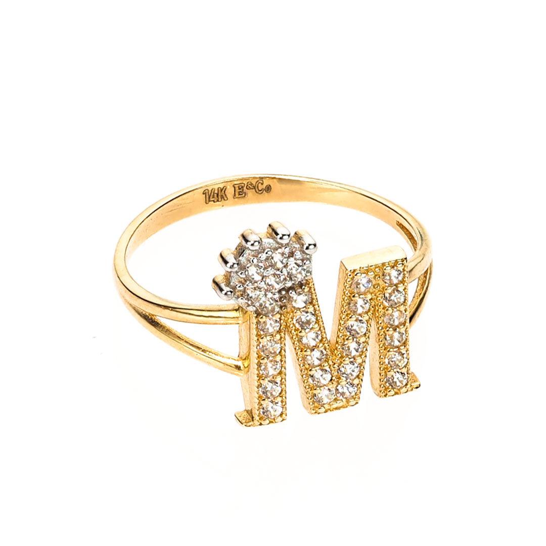 Crown Initial Letter 'M' Ring in 14K Gold with