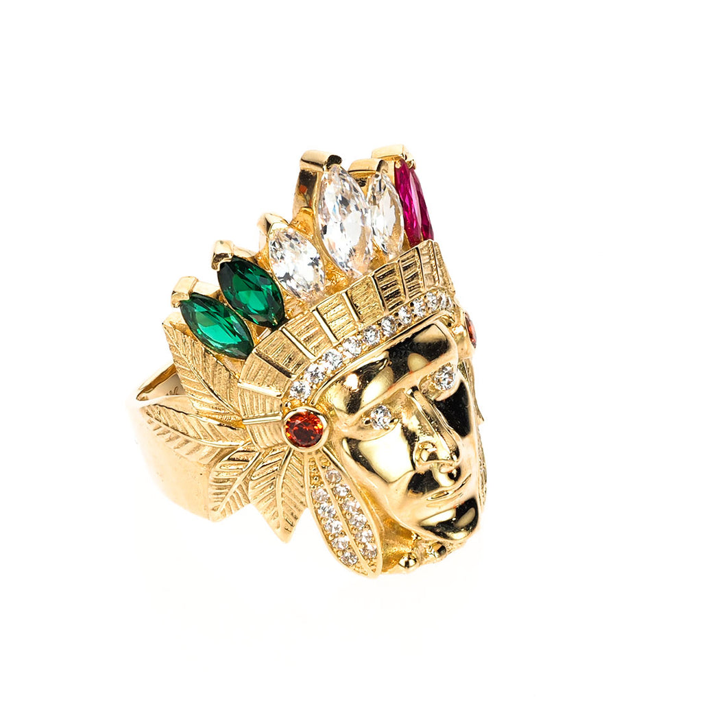 Mens Native American chief head ring with multicolor stones | 14K Gold With Cz - Fantastic Jewelry NYC