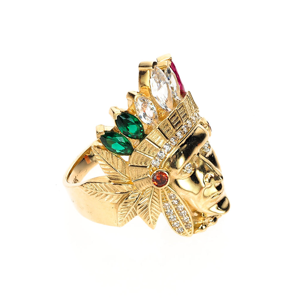 Mens Native American chief head ring with multicolor stones | 14K Gold With Cz - Fantastic Jewelry NYC