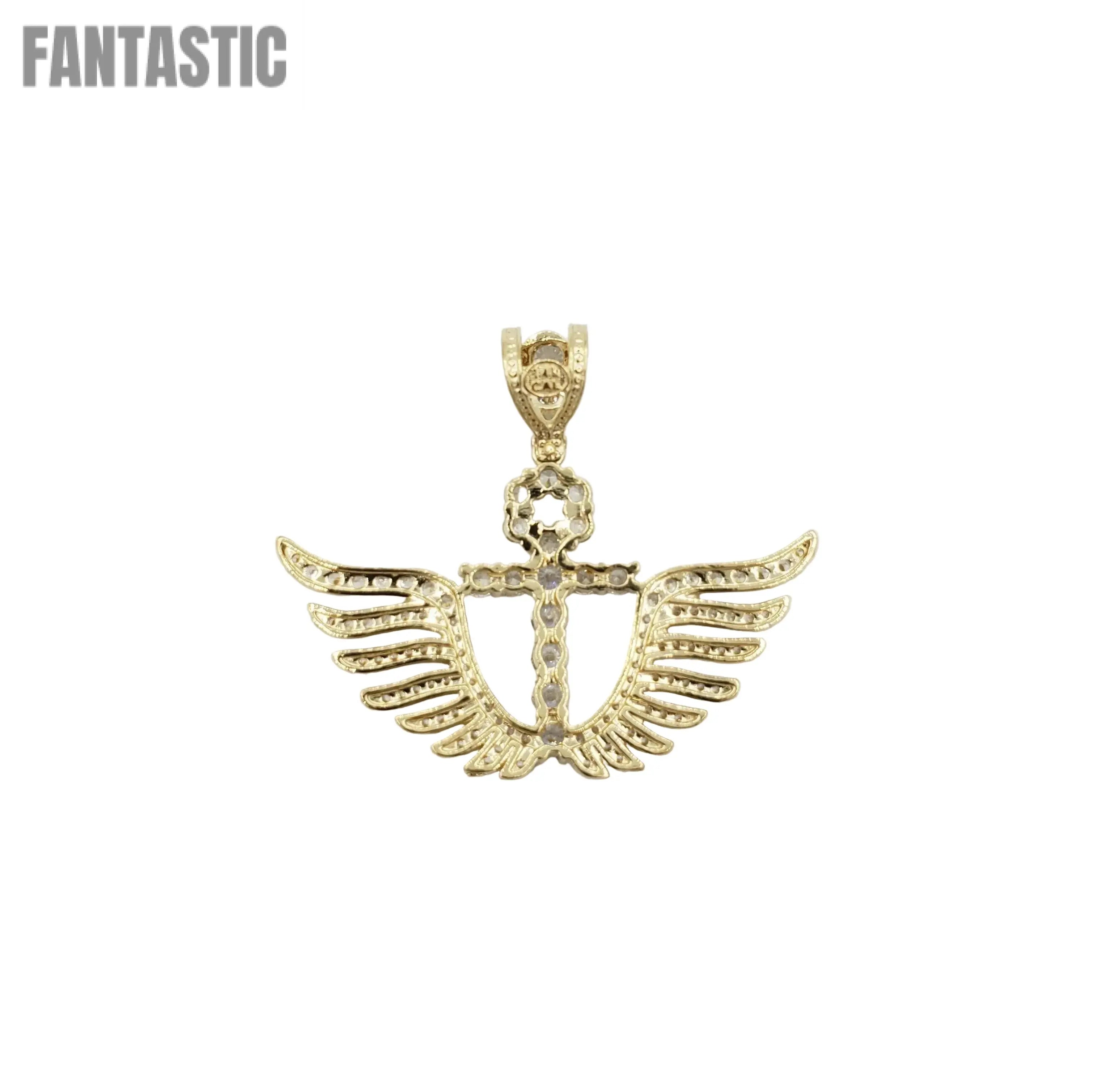 14K gold angel wing Ankh cross pendant