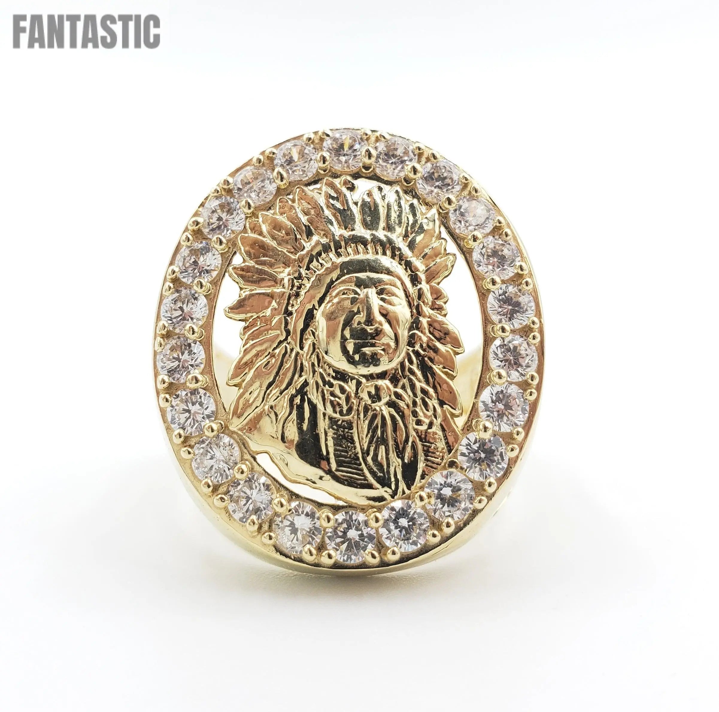 14K Gold- Men's Indian Chief Ring with CZ Trim | 9.7 Grams - Fantastic Jewelry NYC LLC