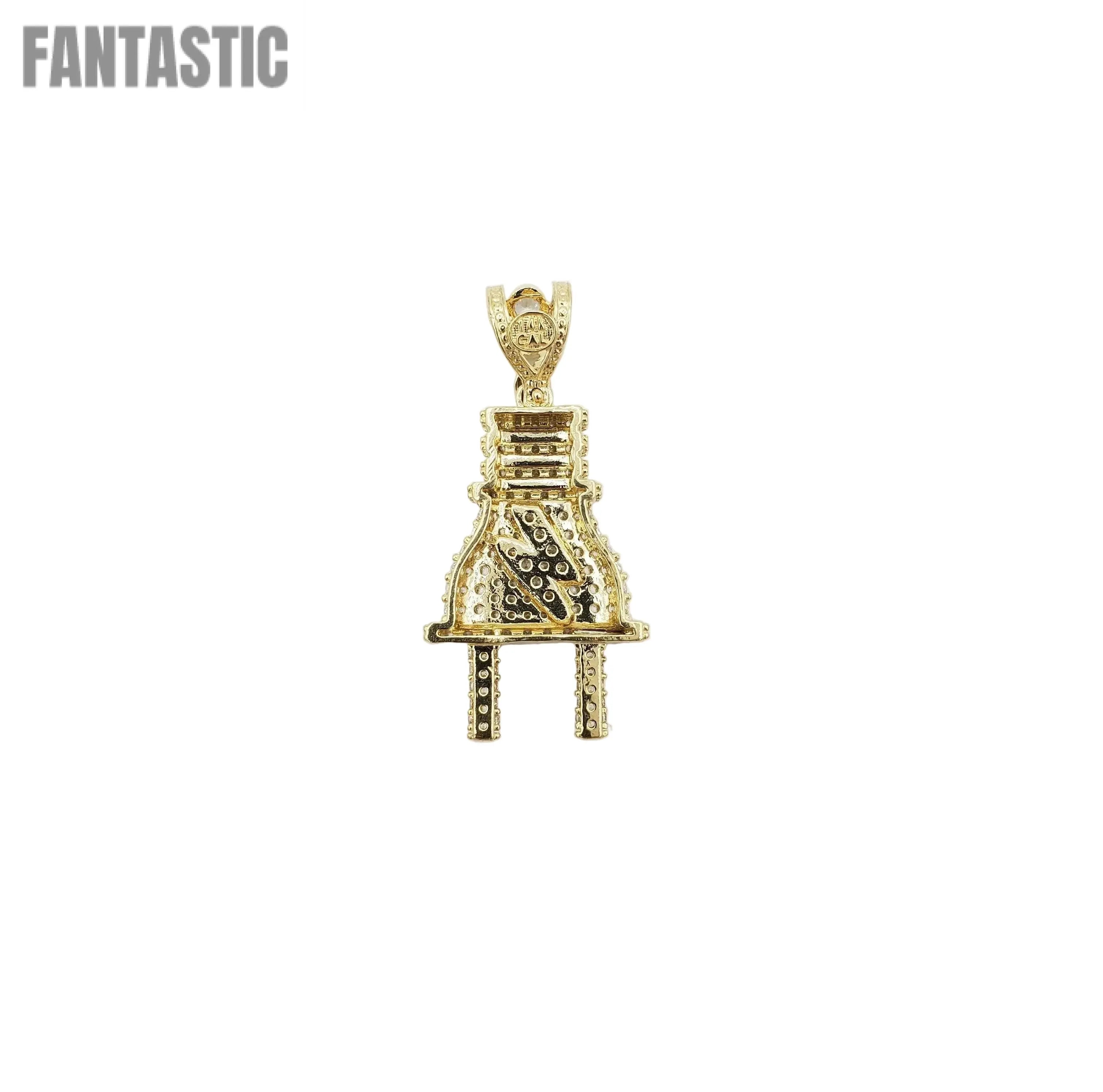 14K Gold- Plug Pendant with Full CZ Stones Fantastic Jewelry NYC