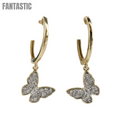 Pendientes colgantes de mariposa de oro de 14k con diamante #25236