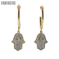 Pendientes colgantes de mano de Fátima de oro de 14k con diamantes #25804
