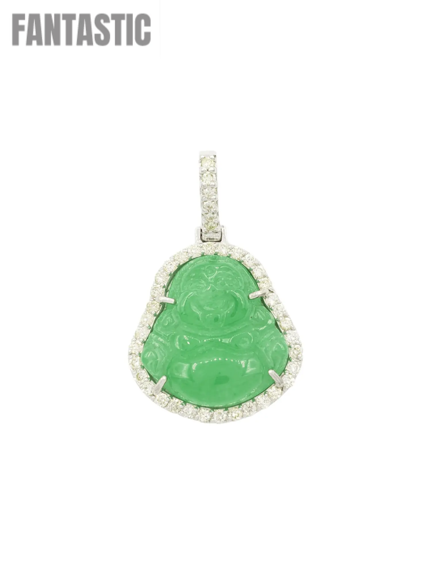 14k White Gold Diamond Buddha With Green Jade #25727 - Fantastic Jewelry NYC LLC